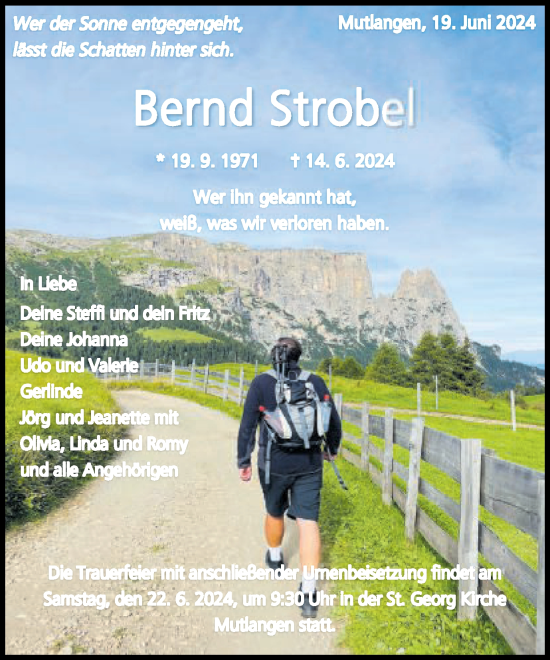 Traueranzeige von Bernd Strobel von Gmünder Tagespost