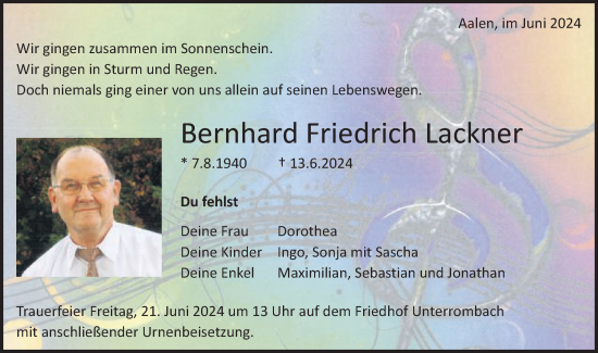 Traueranzeige von Bernhard Friedrich Lackner von Schwäbische Post
