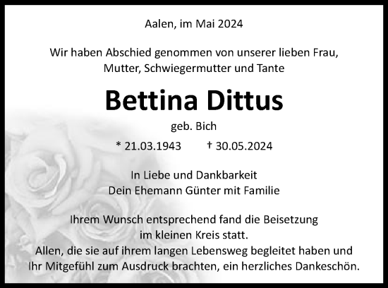 Traueranzeige von Bettina Dittus von Schwäbische Post