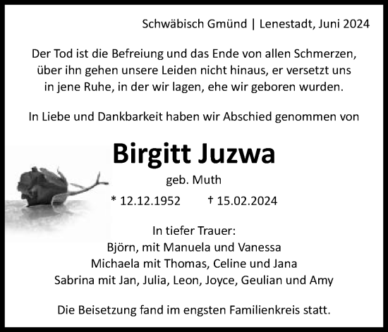 Traueranzeige von Birgitt Juzwa von Gmünder Tagespost