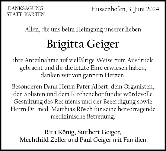 Traueranzeige von Brigitta Geiger von Gmünder Tagespost