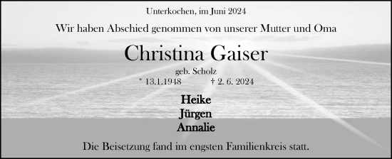Traueranzeige von Christina Gaiser von Schwäbische Post