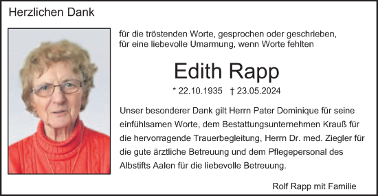 Traueranzeige von Edith Rapp von Schwäbische Post