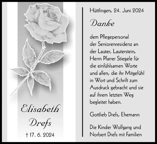 Traueranzeige von Elisabeth Drefs von Schwäbische Post