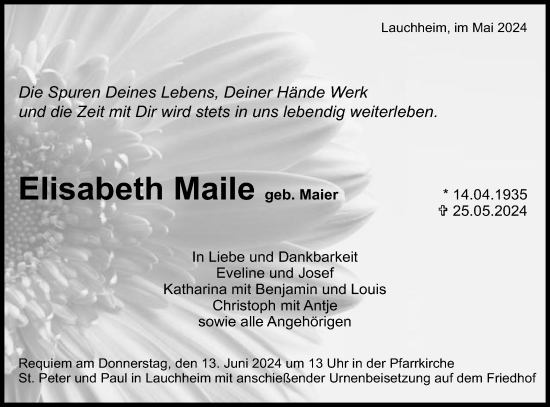 Traueranzeige von Elisabeth Maile von Schwäbische Post
