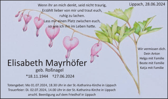 Traueranzeige von Elisabeth Mayrhöfer von Schwäbische Post
