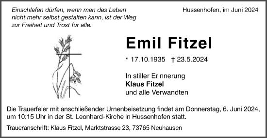 Traueranzeige von Emil Fitzel von Gmünder Tagespost