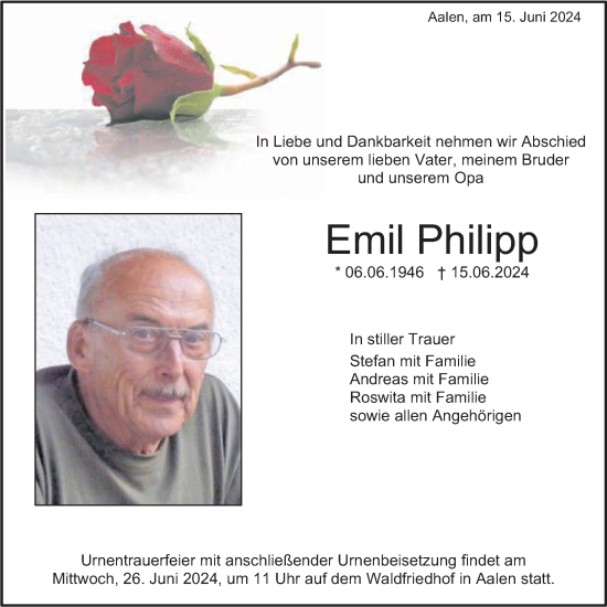 Traueranzeige von Emil Philipp von Schwäbische Post