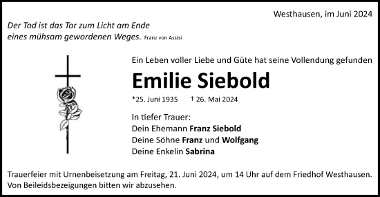 Traueranzeige von Emilie Siebold von Schwäbische Post