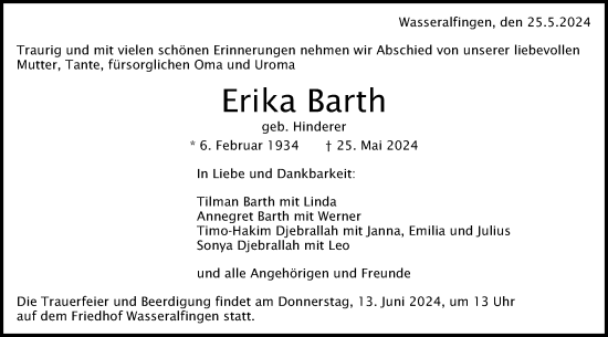 Traueranzeige von Erika Barth von Schwäbische Post
