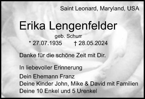 Traueranzeige von Erika Lengenfelder von Schwäbische Post