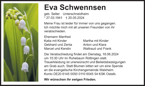 Traueranzeige von Eva Schwennsen von Schwäbische Post