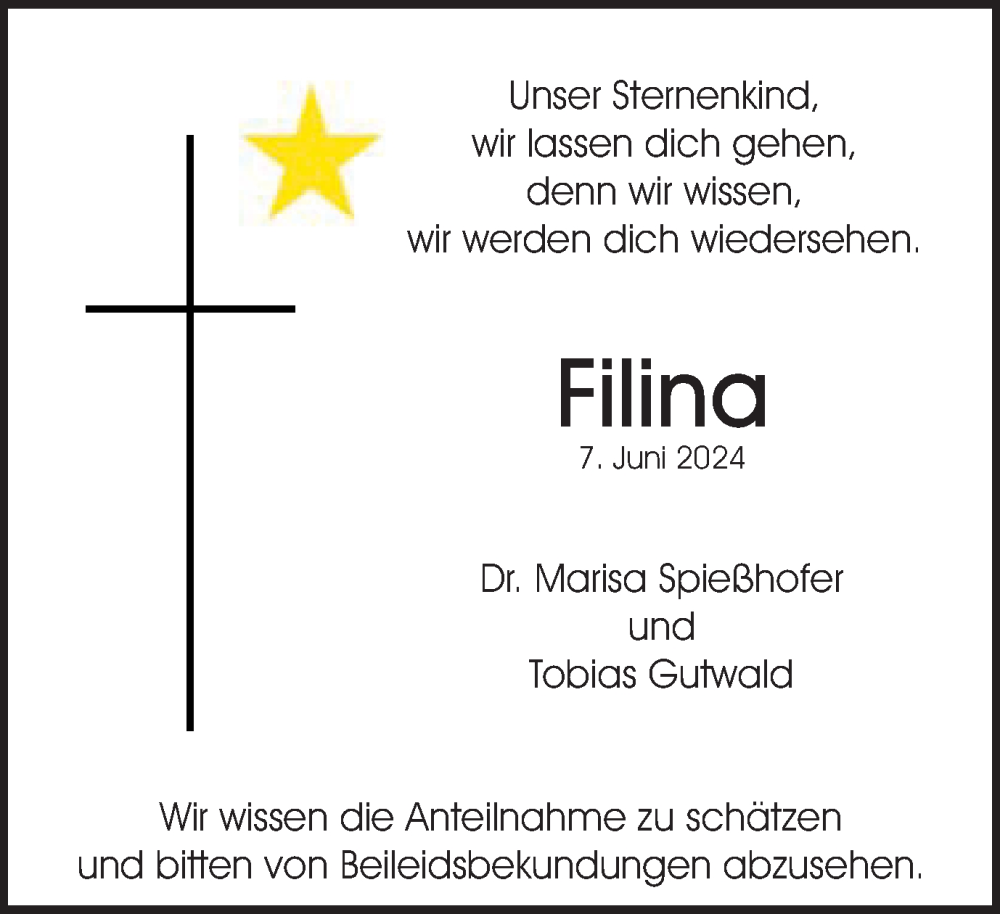  Traueranzeige für Filina  vom 11.06.2024 aus Gmünder Tagespost