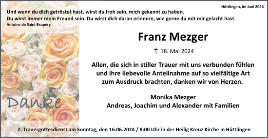 Traueranzeige von Franz Mezger von Schwäbische Post
