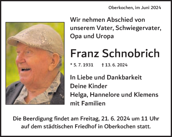 Traueranzeige von Franz Schnobrich von Schwäbische Post