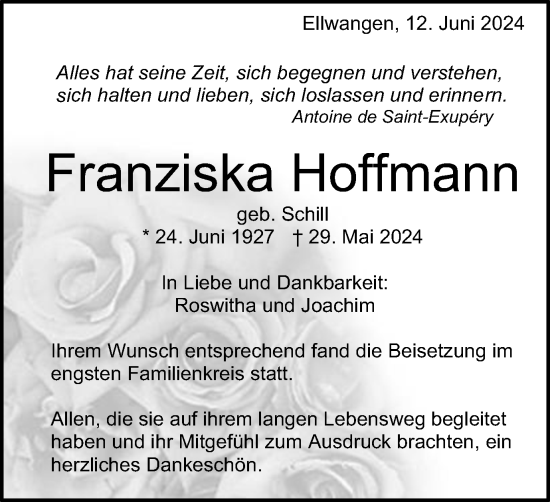 Traueranzeige von Franziska Hoffmann von Schwäbische Post
