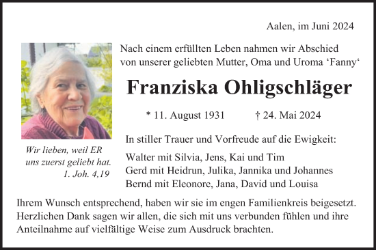 Traueranzeige von Franziska Ohligschläger von Schwäbische Post
