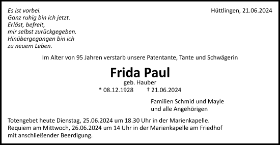 Traueranzeige von Frida Paul von Schwäbische Post