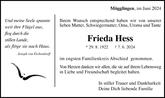 Traueranzeige von Frieda Hess von Gmünder Tagespost
