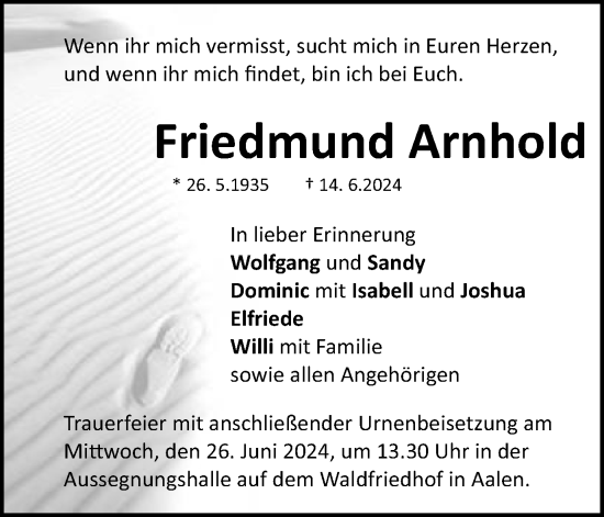 Traueranzeige von Friedmund Arnhold von Schwäbische Post