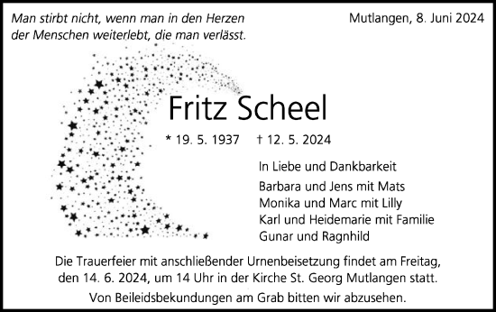 Traueranzeige von Fritz Scheel von Gmünder Tagespost