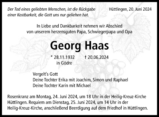 Traueranzeige von Georg Haas von Schwäbische Post