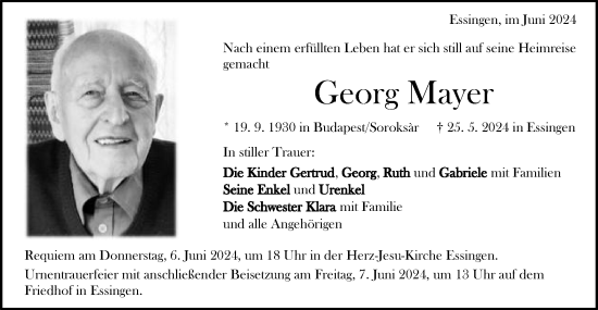 Traueranzeige von Georg Mayer von Schwäbische Post