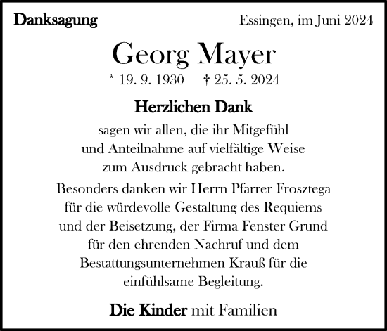 Traueranzeige von Georg Mayer von Schwäbische Post
