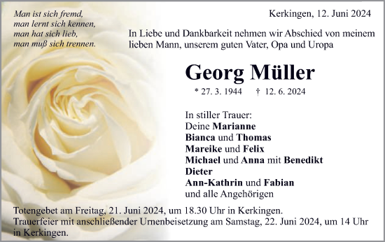 Traueranzeige von Georg Müller von Schwäbische Post
