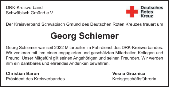 Traueranzeige von Georg Schiemer von Gmünder Tagespost