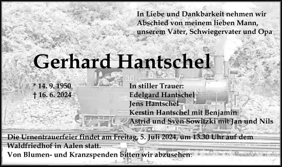Traueranzeige von Gerhard Hantschel von Schwäbische Post