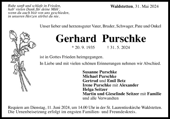Traueranzeige von Gerhard Purschke von Gmünder Tagespost