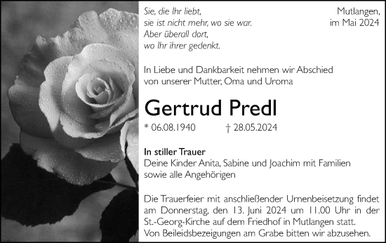 Traueranzeige von Gertrud Predl von Gmünder Tagespost
