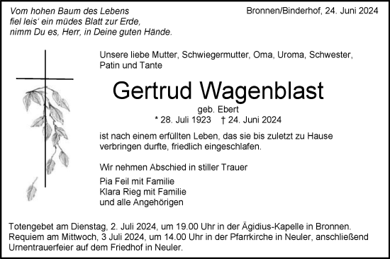 Traueranzeige von Gertrud Wagenblast von Schwäbische Post