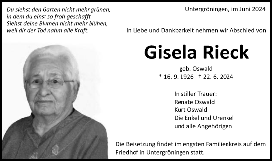 Traueranzeige von Gisela Rieck von Gmünder Tagespost