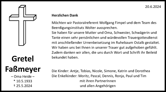 Traueranzeige von Gretel Faßmeyer von Schwäbische Post