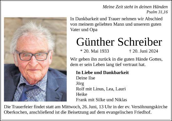 Traueranzeige von Günther Schreiber von Schwäbische Post