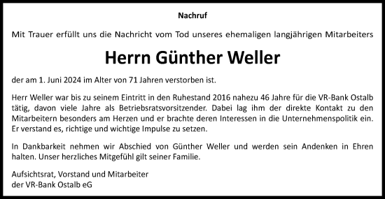 Traueranzeige von Günther Weller von Schwäbische Post