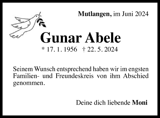 Traueranzeige von Gunar Abele von Gmünder Tagespost