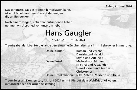 Traueranzeige von Hans Gaugler von Schwäbische Post