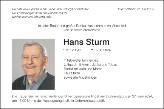 Traueranzeige von Hans Sturm von Schwäbische Post