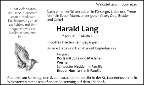 Traueranzeige von Harald Lang von Gmünder Tagespost
