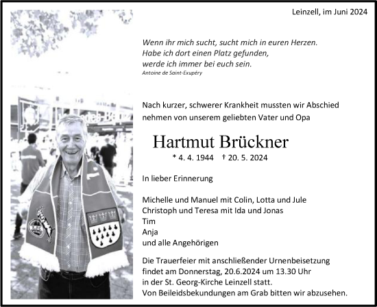 Traueranzeige von Hartmut Brückner von Gmünder Tagespost