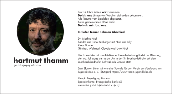 Traueranzeige von Hartmut Thamm von Gmünder Tagespost