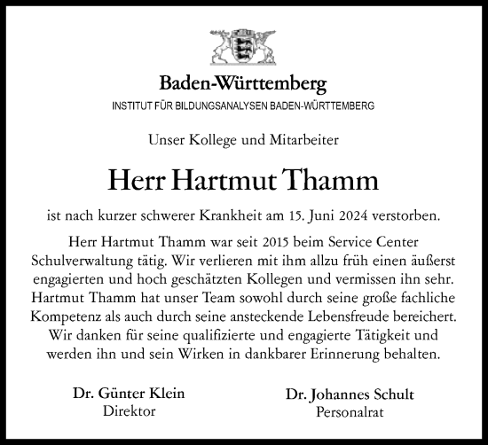 Traueranzeige von Hartmut Thamm von Gmünder Tagespost
