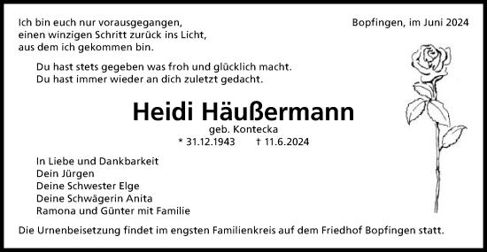 Traueranzeige von Heidi Häußermann von Schwäbische Post