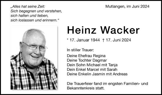 Traueranzeige von Heinz Wacker von Gmünder Tagespost