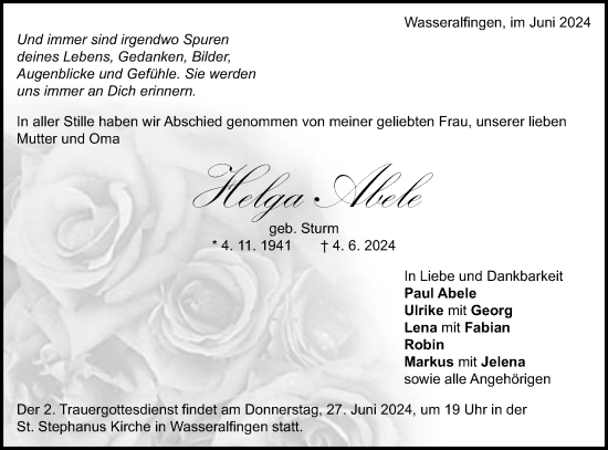 Traueranzeige von Helga Abele von Schwäbische Post