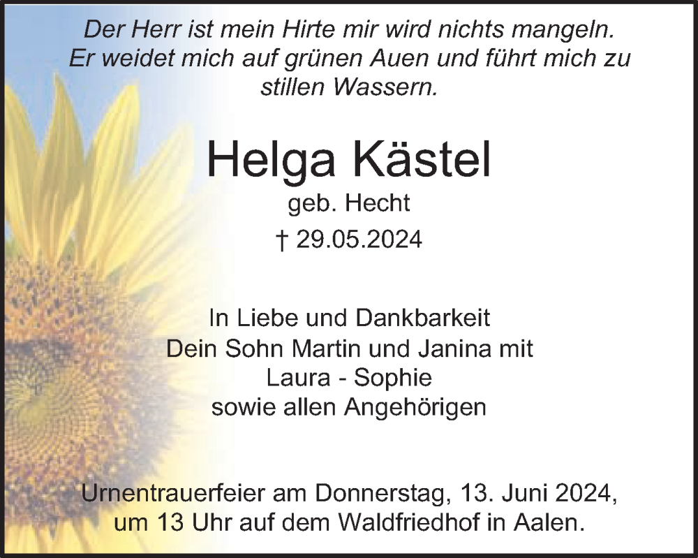  Traueranzeige für Helga Kästel vom 12.06.2024 aus Schwäbische Post