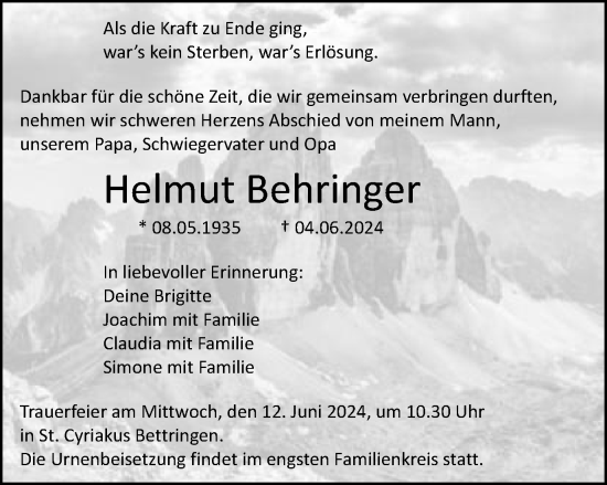 Traueranzeige von Helmut Behringer von Gmünder Tagespost